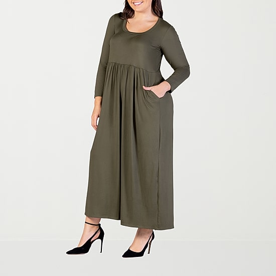 24seven Comfort Apparel Womens Plus Scoop Neck Long Sleeve Maxi Dress