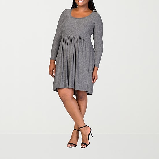 24seven Comfort Apparel Womens Plus Scoop Neck Long Sleeve A-Line Dress