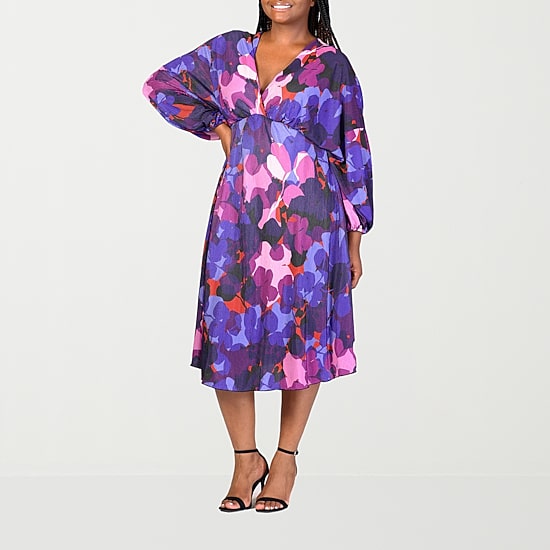 24seven Comfort Apparel Womens Plus Midi V Neck Long Sleeve A-Line Dress