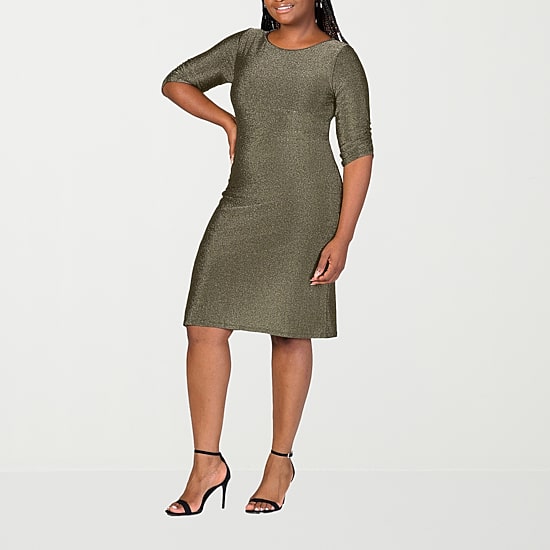 24seven Comfort Apparel Womens Plus Round Neck Elbow Sleeve A-Line Dress