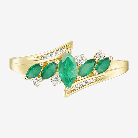 (J-K/I2-I3) Womens Diamond Accent Genuine Green Emerald 10K Gold Marquise Side Stone Bypass  Cocktail Ring