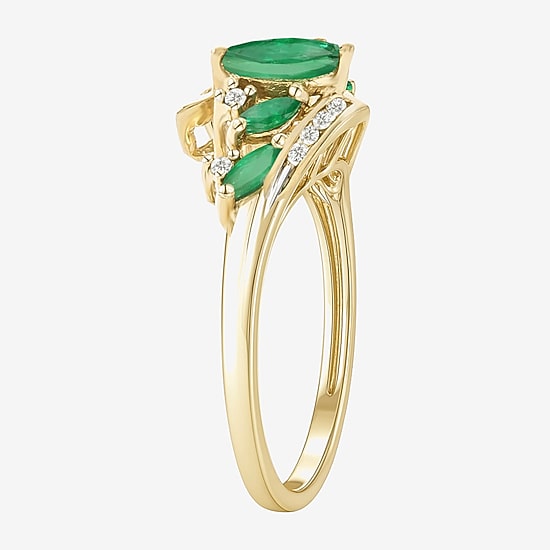 (J-K/I2-I3) Womens Diamond Accent Genuine Green Emerald 10K Gold Marquise Side Stone Bypass  Cocktail Ring