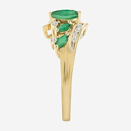 (J-K/I2-I3) Womens Diamond Accent Genuine Green Emerald 10K Gold Marquise Side Stone Bypass  Cocktail Ring
