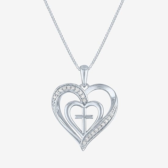 Womens 1/10 CT. T.W. Natural White Diamond Sterling Silver Cross Heart 18 Inch Pendant Necklace