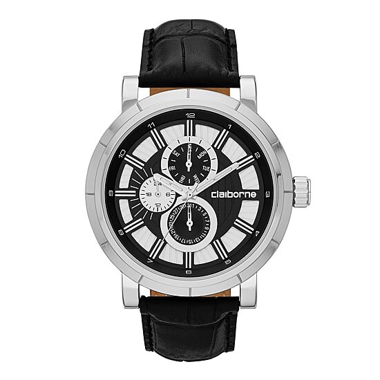 Claiborne® Mens Black and Silver-Tone Croc-Pattern Leather Strap Watch