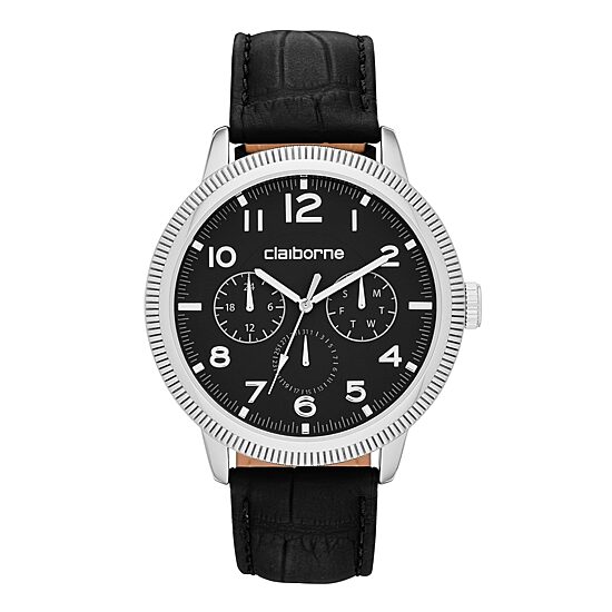Claiborne® Mens Black and Silver-Tone Coin Edge Leather Watch
