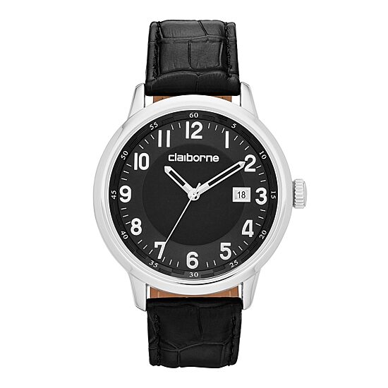 Claiborne® Mens Black and Silver-Tone Croc-Pattern Leather Watch