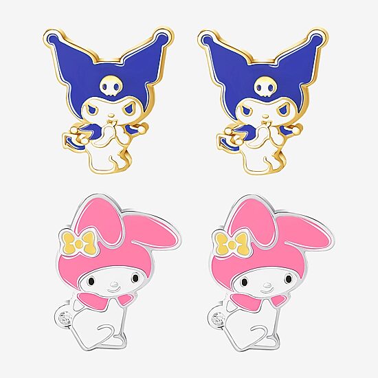 Womens 18K Gold Over Brass Hello Kitty Kuromi My Melody 2 Pair Earring Set