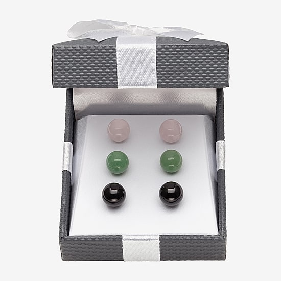 Genuine Pink Quartz, Green Jade & Black Onyx  Sterling Silver Earring Set