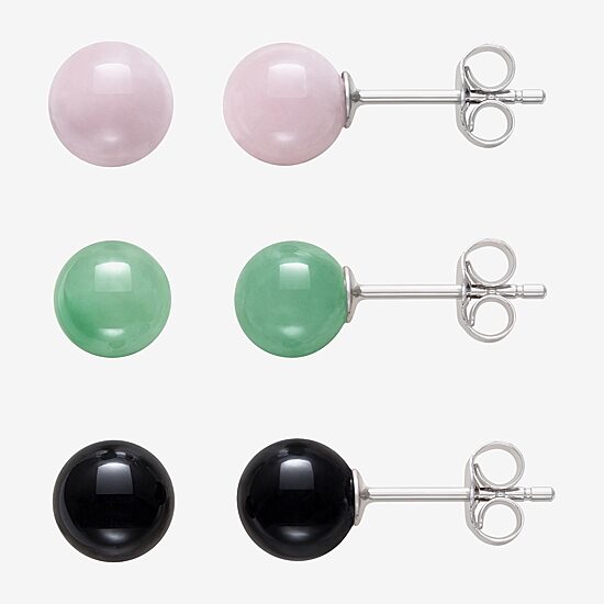 Genuine Pink Quartz, Green Jade & Black Onyx  Sterling Silver Earring Set