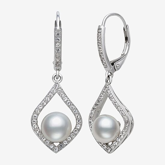 Womens White Cultured Freshwater Pearl Sterling Silver Diamond Pear Drop Earrings