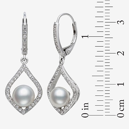 Womens White Cultured Freshwater Pearl Sterling Silver Diamond Pear Drop Earrings