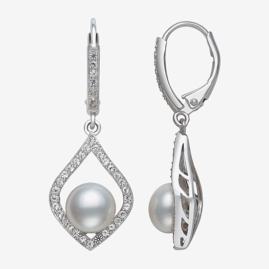 Womens White Cultured Freshwater Pearl Sterling Silver Diamond Pear Drop Earrings