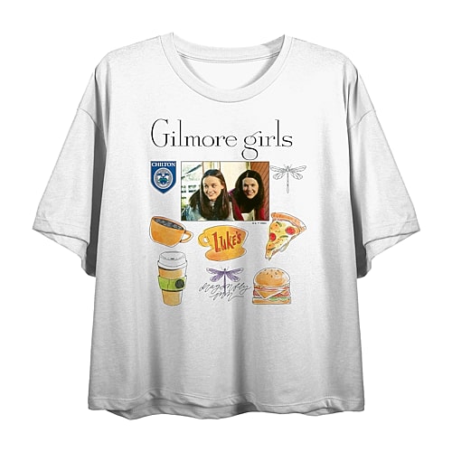 Bioworld Gilmore Girls Lorelai & Rory Screenshot & Icons Crew Womens Juniors Crew Neck Short Sleeve Crop Top In White