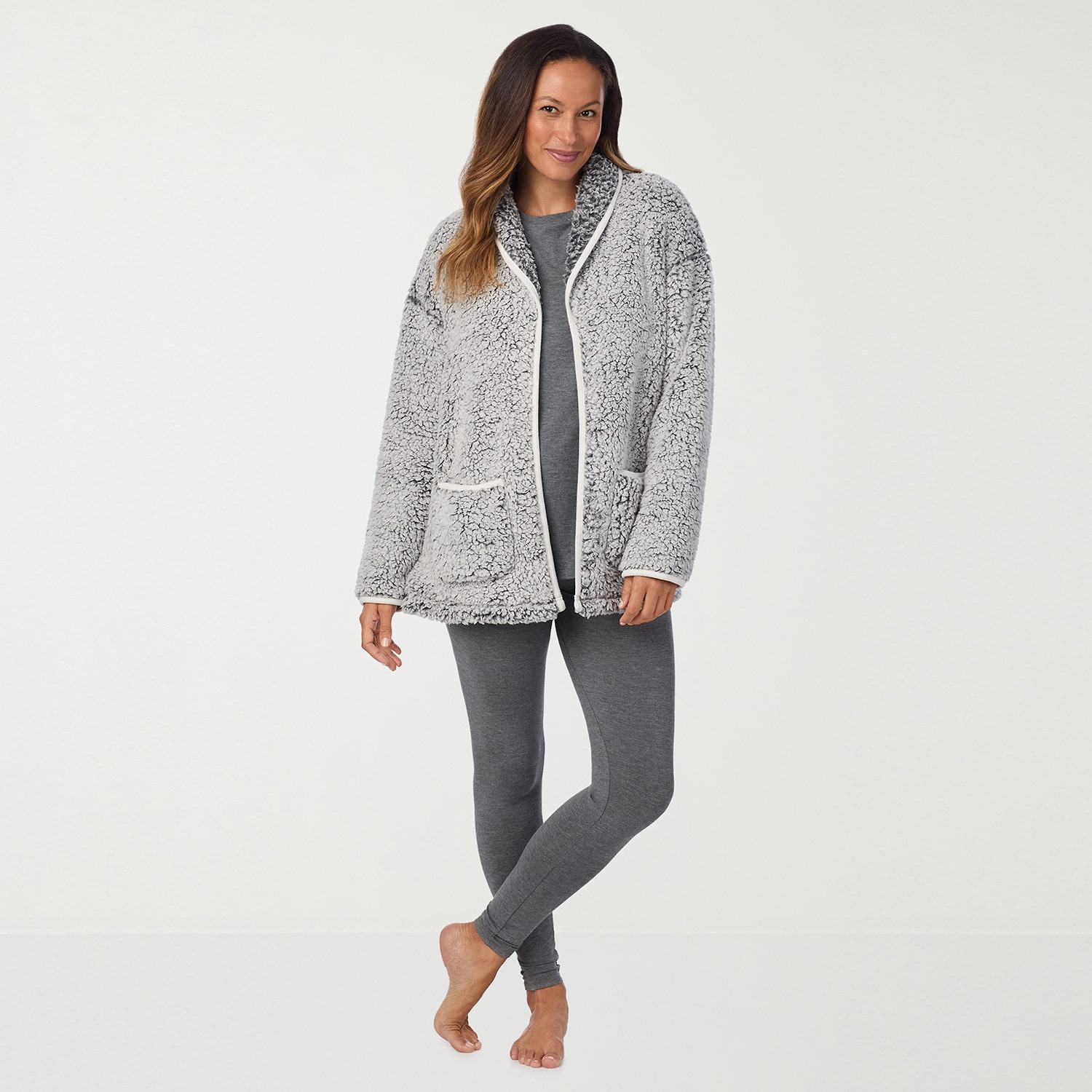 Cuddl Duds Cardigan Womens Sherpa Long Sleeve Pajama Top