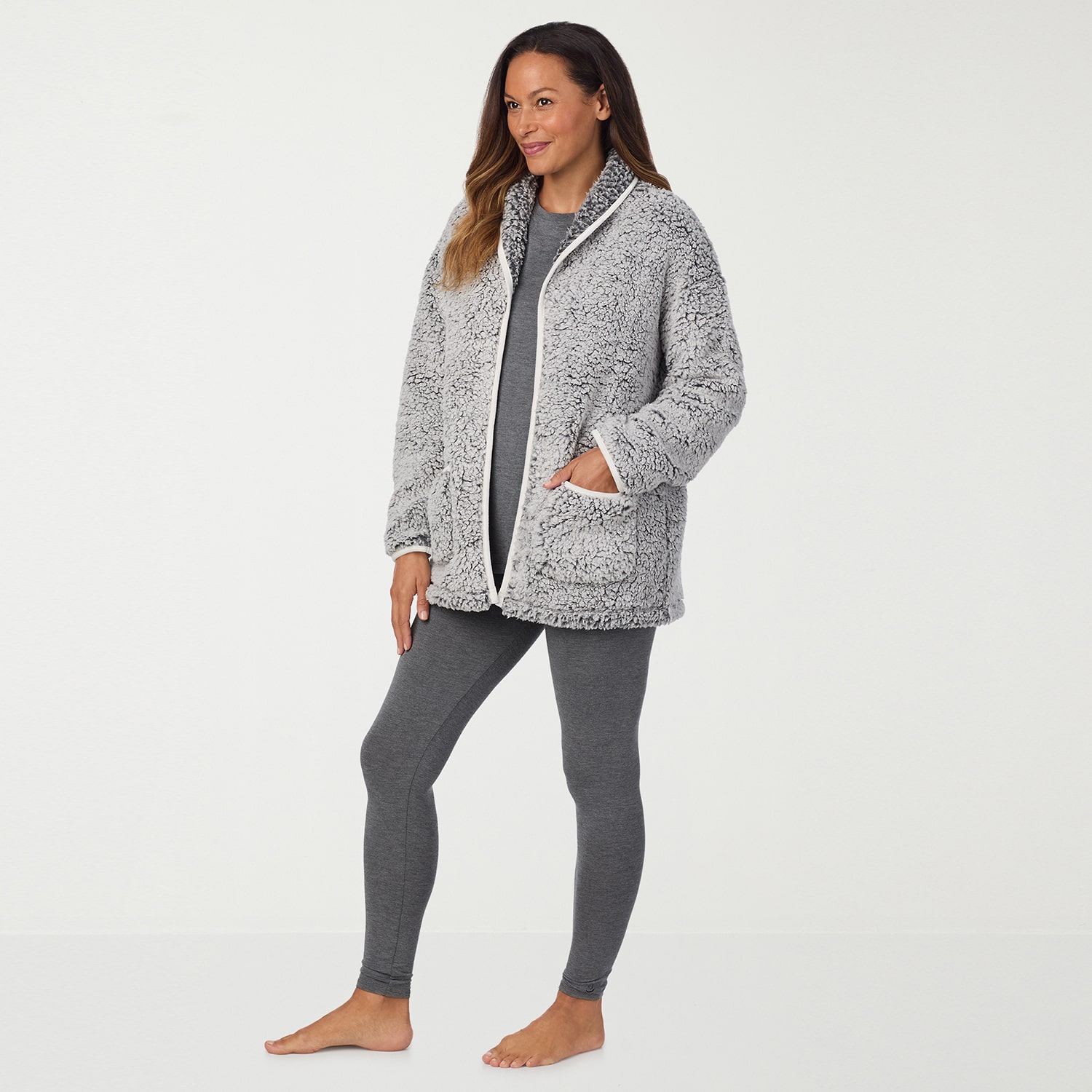 Cuddl Duds Cardigan Womens Sherpa Long Sleeve Pajama Top