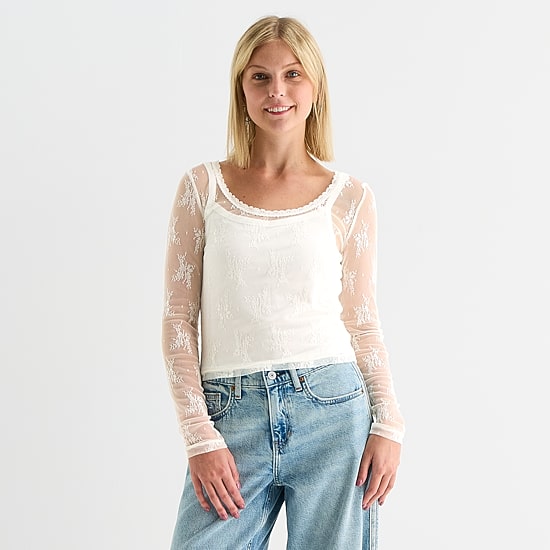 Arizona Womens Juniors Round Neck Long Sleeve Layered Top