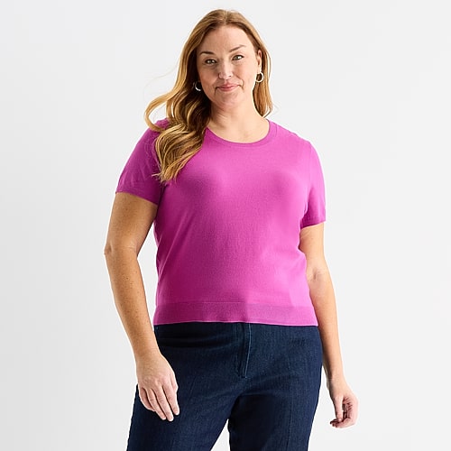 Liz Claiborne Plus Womens Crew Neck Short Sleeve Pullover Sweater, 1x, Purple
