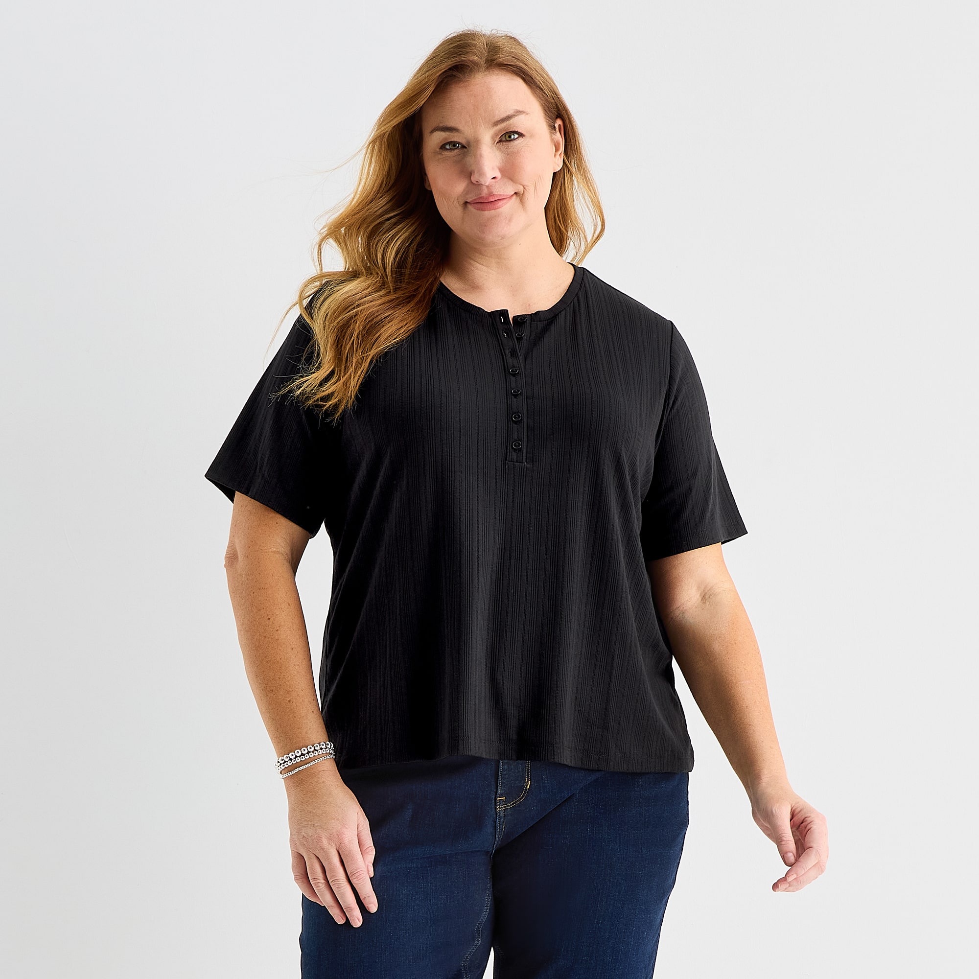 Liz Claiborne Womens Plus Short Sleeve Relaxed Fit Henley Shirt