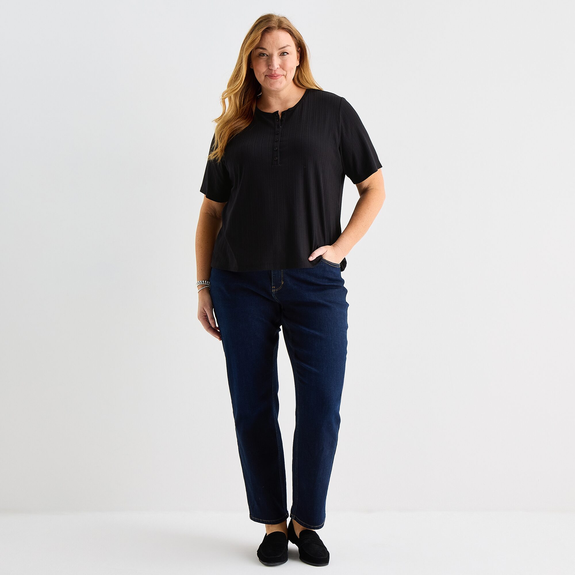 Liz Claiborne Womens Plus Short Sleeve Relaxed Fit Henley Shirt