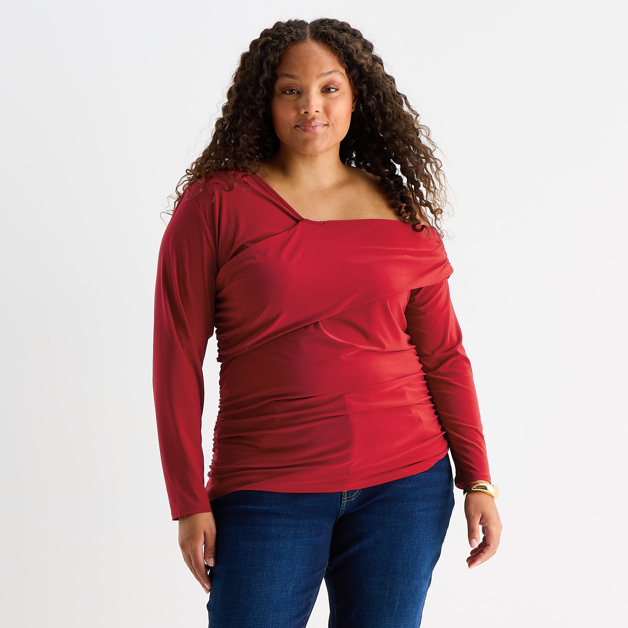 Bold Elements Womens Plus Asymmetrical Neck Long Sleeve Blouse