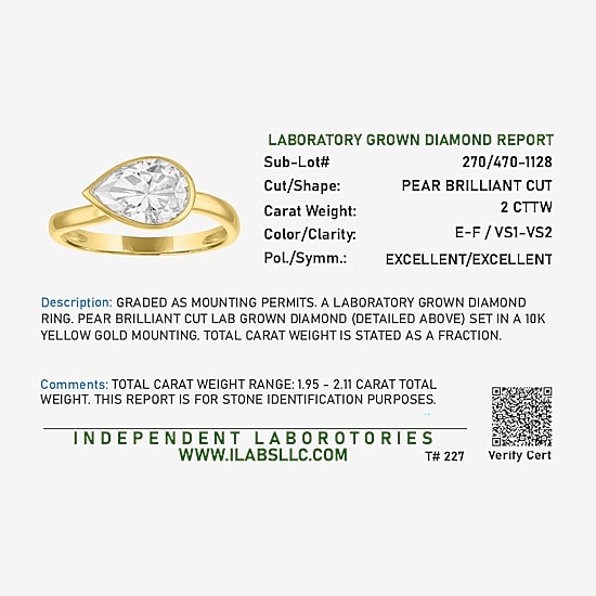 Diamond Addiction E-F / Vs1-Vs2 Womens 2 CT. T.W. Lab Grown White Diamond 10K Gold Pear Solitaire Cocktail Ring