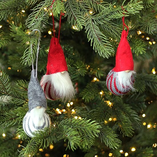Set of 3 Red and Gray Santa Gnome Christmas Ornaments 4.75"