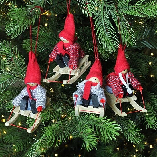Set of 4 Holiday Kids on Sleds Christmas Ornaments 4"