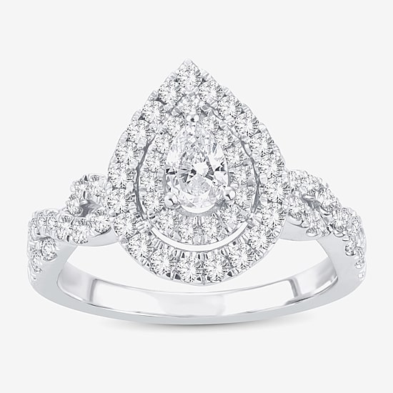 (H-I / I1) 1 CT. T.W. Lab Grown Diamond Pear Shape Side Stone Halo Engagement Ring in 10K or 14K White Gold