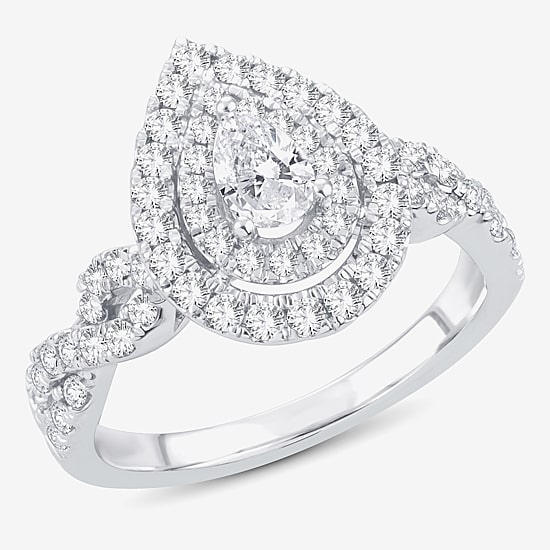 (H-I / I1) 1 CT. T.W. Lab Grown Diamond Pear Shape Side Stone Halo Engagement Ring in 10K or 14K White Gold