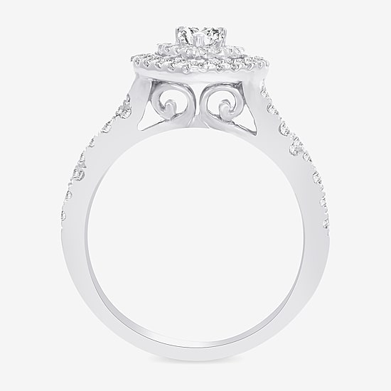 (H-I / I1) 1 CT. T.W. Lab Grown Diamond Pear Shape Side Stone Halo Engagement Ring in 10K or 14K White Gold