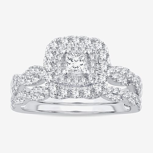 Signature By Modern Bride 1 CT.T.W. Natural Diamond Cushion Shape Side Stone Halo Bridal Set in 10K or 14K Gold, 9, White