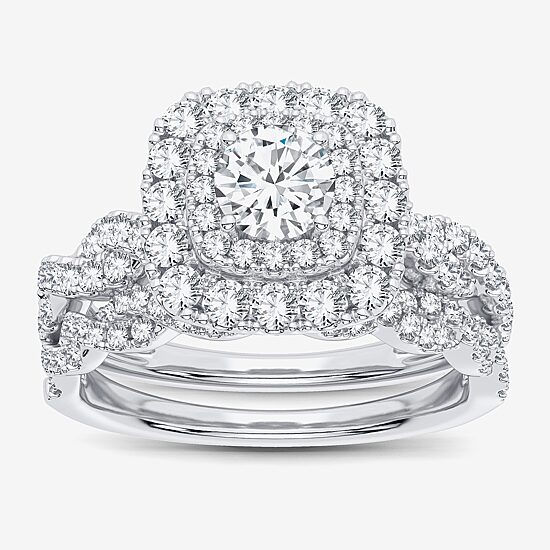 Signature By Modern Bride 1 CT.T.W. Natural Diamond Cushion Shape Side Stone Halo Bridal Set in 10K or 14K Gold