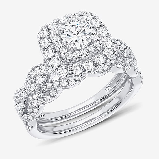 Signature By Modern Bride 1 CT.T.W. Natural Diamond Cushion Shape Side Stone Halo Bridal Set in 10K or 14K Gold