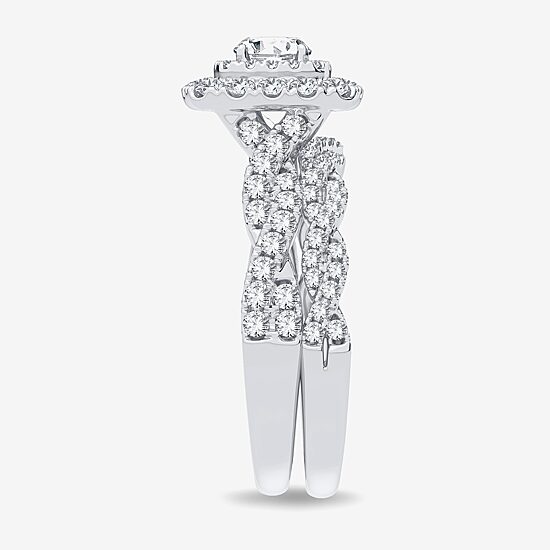 Signature By Modern Bride 1 CT.T.W. Natural Diamond Cushion Shape Side Stone Halo Bridal Set in 10K or 14K Gold