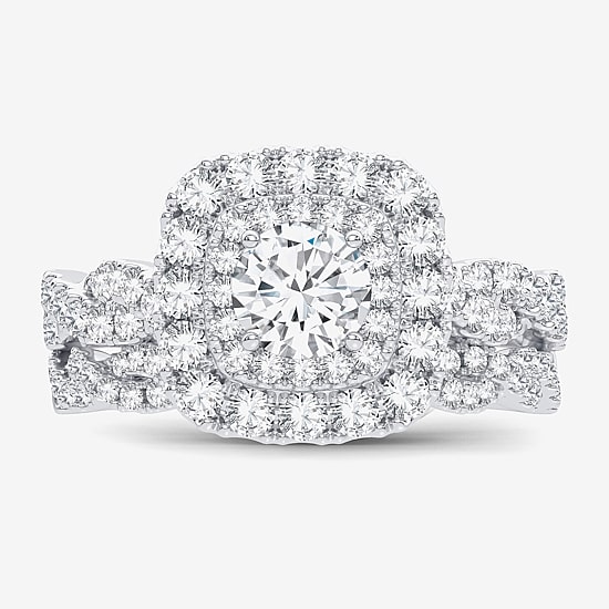 Signature By Modern Bride 1 CT.T.W. Natural Diamond Cushion Shape Side Stone Halo Bridal Set in 10K or 14K Gold