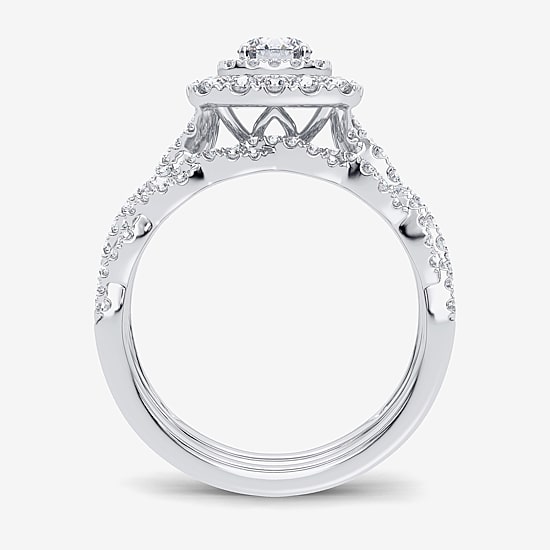 Signature By Modern Bride 1 CT.T.W. Natural Diamond Cushion Shape Side Stone Halo Bridal Set in 10K or 14K Gold