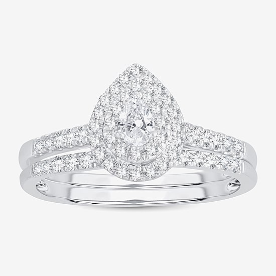 1/2 CT.T.W. Natural Diamond Pear Shape Side Stone Halo Bridal Set in 10K or 14K White Gold