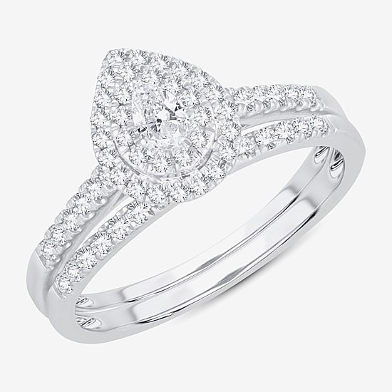 1/2 CT.T.W. Natural Diamond Pear Shape Side Stone Halo Bridal Set in 10K or 14K White Gold