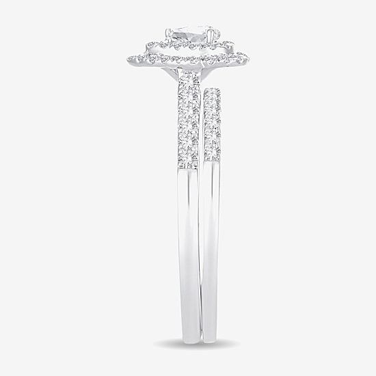 1/2 CT.T.W. Natural Diamond Pear Shape Side Stone Halo Bridal Set in 10K or 14K White Gold