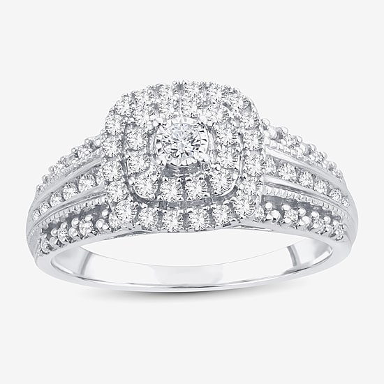 1/2 CT.T.W. Natural Diamond Cushion Shape Side Stone Halo Engagement Ring in 10K or 14K White Gold