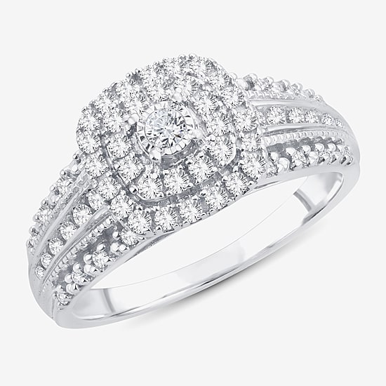 1/2 CT.T.W. Natural Diamond Cushion Shape Side Stone Halo Engagement Ring in 10K or 14K White Gold