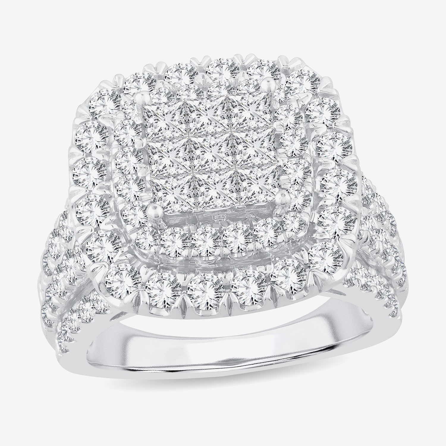 3 CT.T.W. Natural Diamond Cushion Shape Side Stone Halo Engagement Ring 10K or 14K White Gold