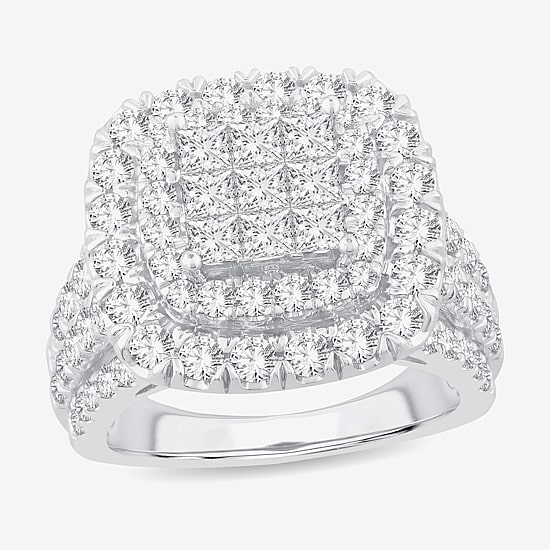 3 CT.T.W. Natural Diamond Cushion Shape Side Stone Halo Engagement Ring in 10K or 14K White Gold