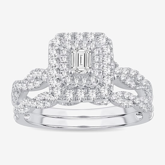 Signature By Modern Bride 1 CT.T.W. Natural Diamond Side Stone Halo Bridal Set in 10K or 14K Gold