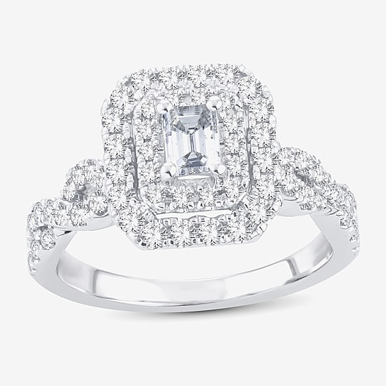 (H-I / I1) 1 CT. T.W. Lab Grown Diamond Cushion Shape Side Stone Halo Engagement Ring in 10K or 14K White Gold