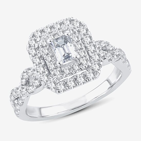 (H-I / I1) 1 CT. T.W. Lab Grown Diamond Cushion Shape Side Stone Halo Engagement Ring in 10K or 14K White Gold