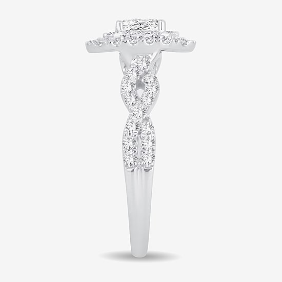 (H-I / I1) 1 CT. T.W. Lab Grown Diamond Cushion Shape Side Stone Halo Engagement Ring in 10K or 14K White Gold