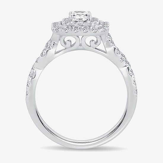 (H-I / I1) 1 CT. T.W. Lab Grown Diamond Cushion Shape Side Stone Halo Engagement Ring in 10K or 14K White Gold