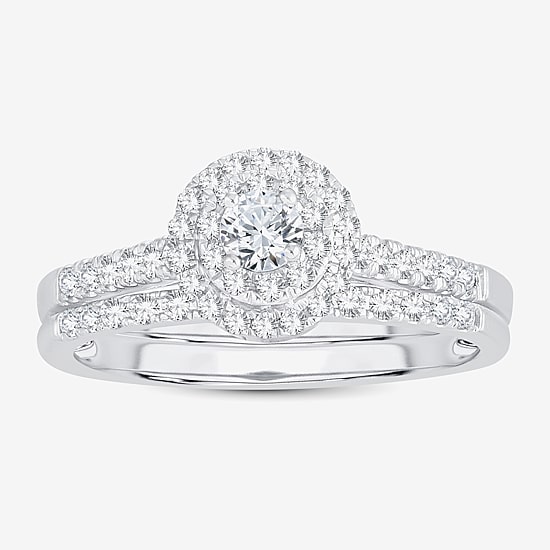 Round 1/2 CT.T.W. Natural Diamond Side Stone Halo Bridal Set in 10K or 14K Gold